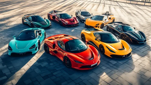 Row of multi-colored supercars on paved plaza surface.