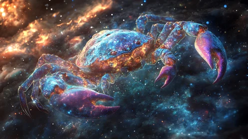 Celestial nebula crab drifting through luminous stardust.