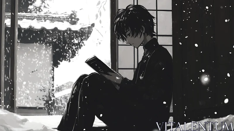 Monochrome anime boy reading indoors during active snowfall.