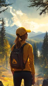 Sunlit trailblazer gazes over ember-gold mountain wilds.