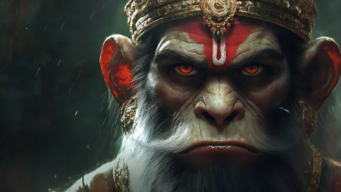 Mythic simian warrior close-up with ornate golden crown and tilak