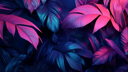 Neon tropical leaves with deep blue and magenta contrast.
