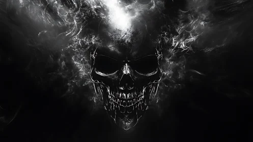 Skull-shaped smoke silhouette forms in high contrast darkness