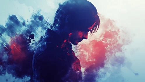 Side profile silhouette of a figure amid dual color clouds