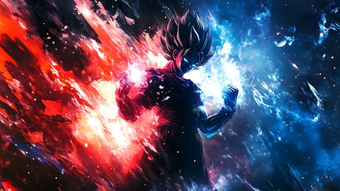 Cosmic warrior poised between blazing red and cool blue power.