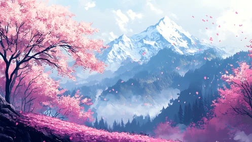 Snowcapped mountain range with pink blossom foreground trees.
