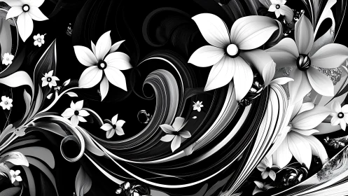 Monochromatic Floral Scrollwork: Ornamental Composition with White Blooms.