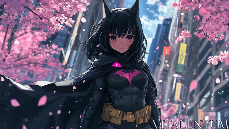 Anime bat-heroine stands amid urban cherry blossoms at dusk