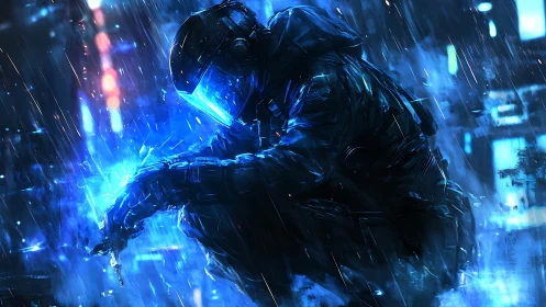 Electric night warrior gathers power in a neon storm