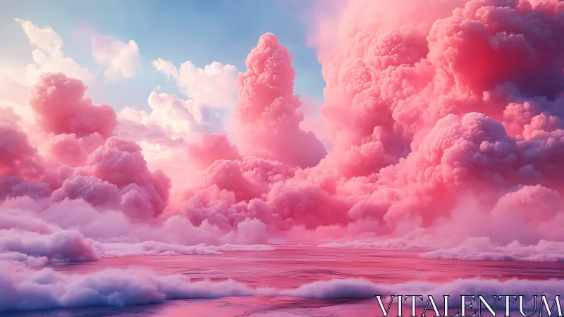 Cotton candy nebula clouds over reflective pastel horizon.