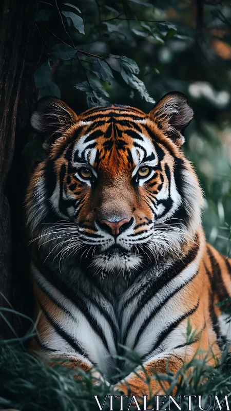 Calm tiger resting in lush forest shadows, quietly watching.