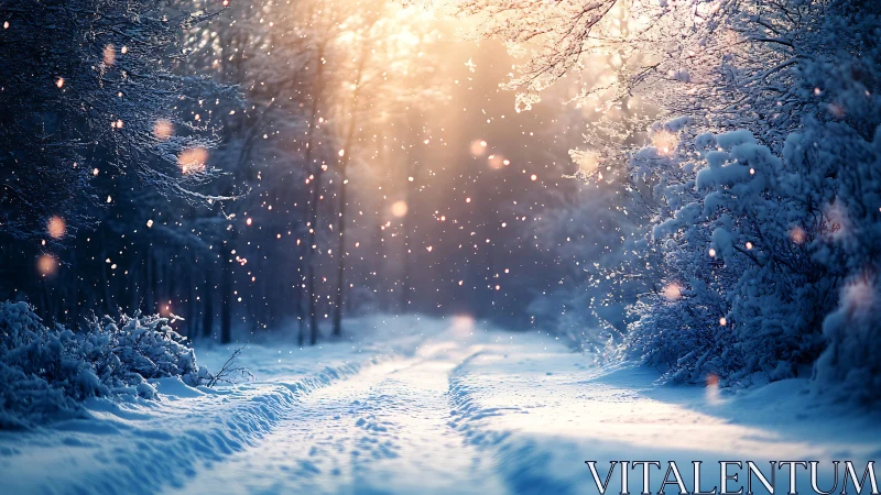 Winter forest path glows under volumetric backlit snowfall