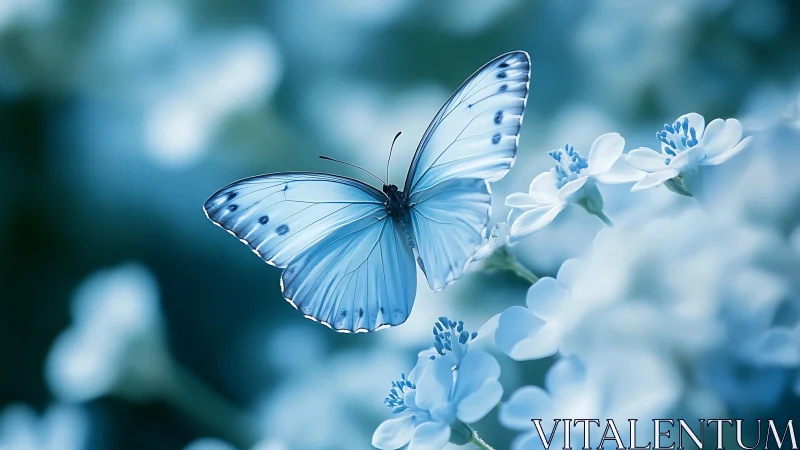Gentle blue butterfly resting softly among pale blossoms.