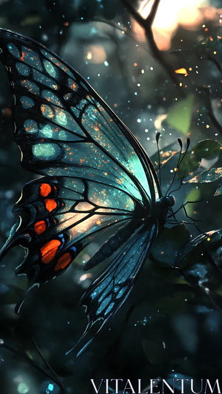 Glowing forest butterfly rests on leaf in drifting light