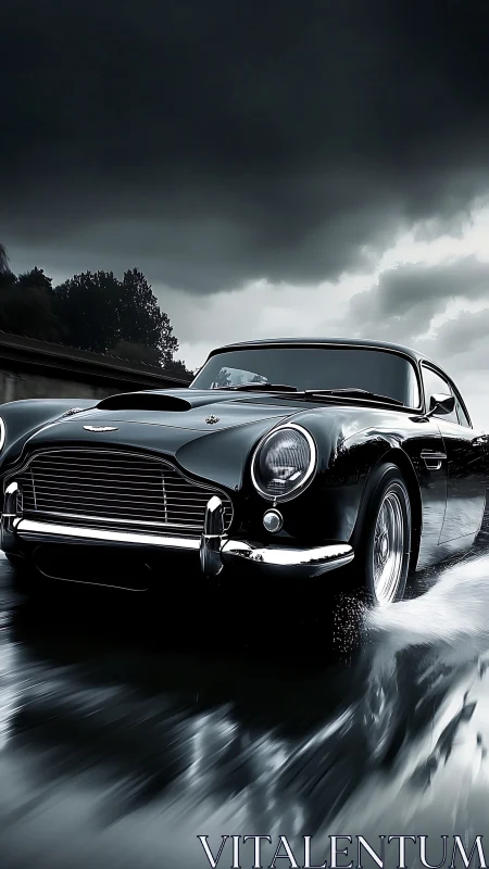 Classic black coupe driving on wet road under storm clouds.