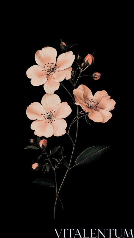 Coral Blossoms Dance Against Darkness with Botanical Elegance