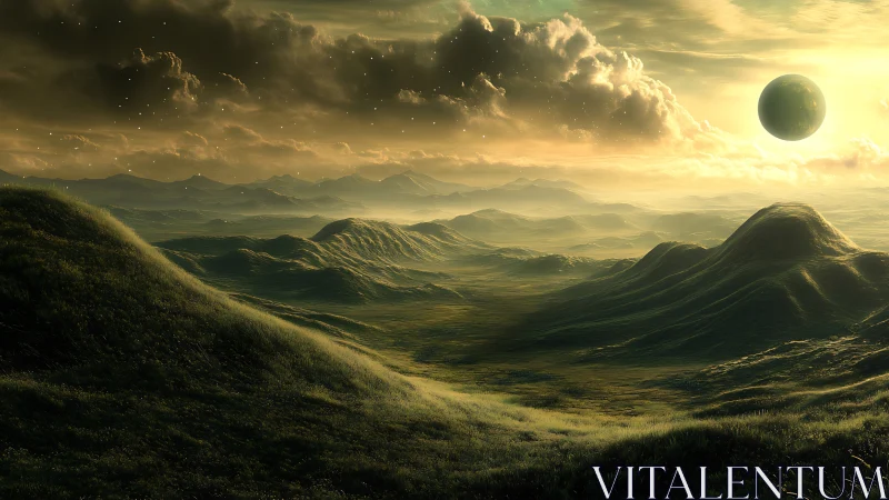 Alien grassland valley under low-angle star and eclipsed moon