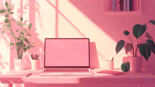 Minimalist desk with laptop and plants in pink lighting.