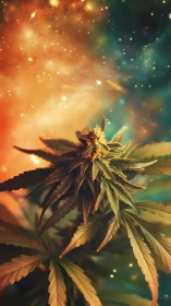 Cannabis bud close up against vivid cosmic nebula sky.
