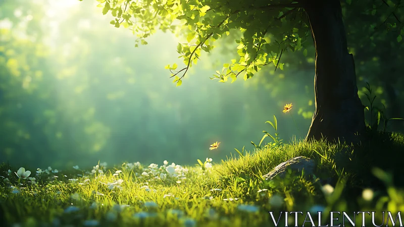 Sunlit Meadow Beneath Tree in Dreamy Nature Art Style.