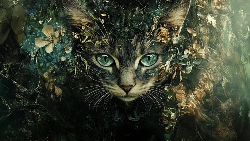 Felid Portrait with Botanical Integration and Emerald Iris Rendering