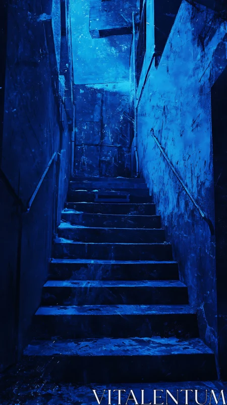 Nocturnal concrete stairwell in saturated cobalt blue light.