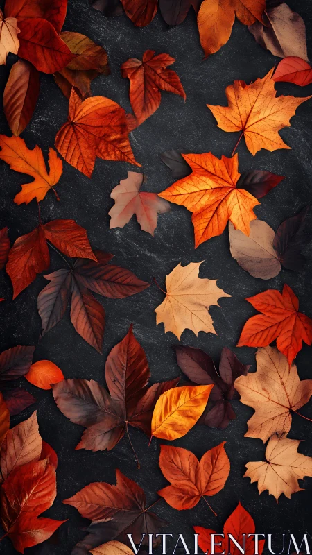 Autumn leaves scatter over charcoal slate background pattern.