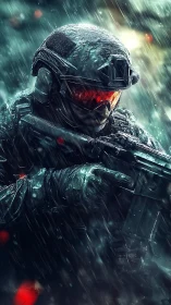 Armored futuristic soldier advances through a storm of rain