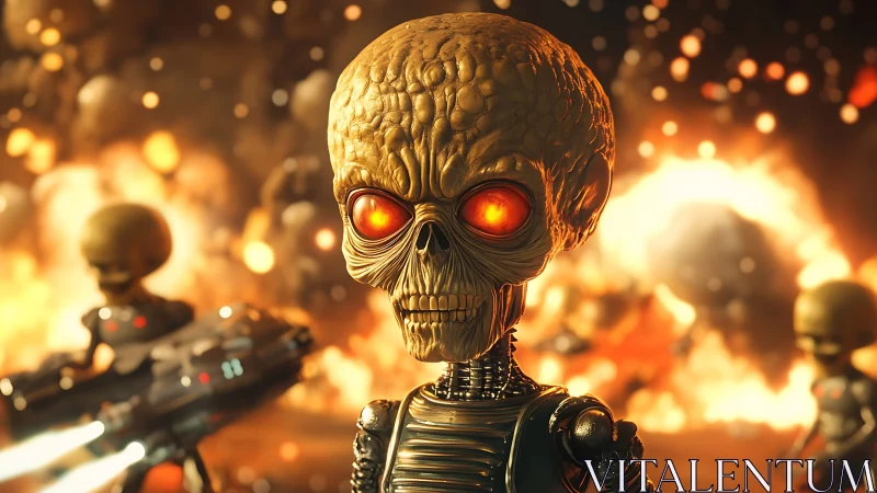 Alien warlord surveys fiery battlefield in vivid detail.