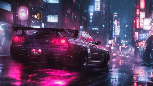 Modified sports coupe is parked on wet neon city street at night