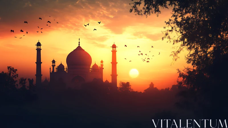 Digital painting of domed mausoleum at luminous sunset skyline.