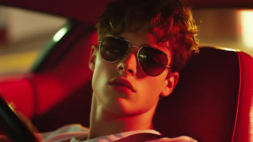 Neon-lit driver portrait in cinematic golden hour glow.