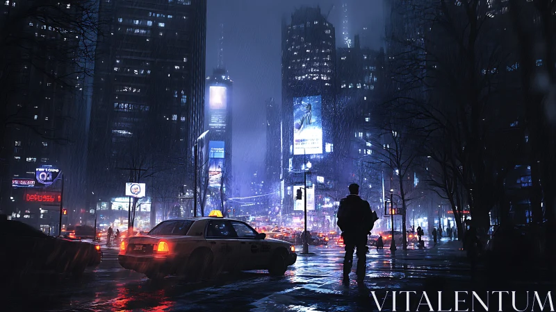 Rain-soaked neon crossroads with a lone midnight wanderer.