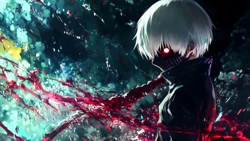White haired masked ghoul amid erupting crimson energy.