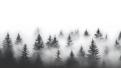 Coniferous forest treetops partially obscured by dense fog.
