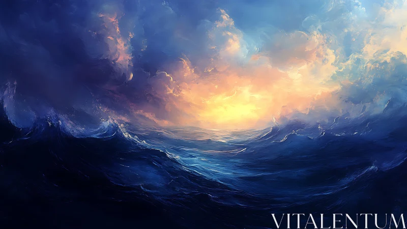 Blazing sunrise welcomes rolling ocean waves into soft light