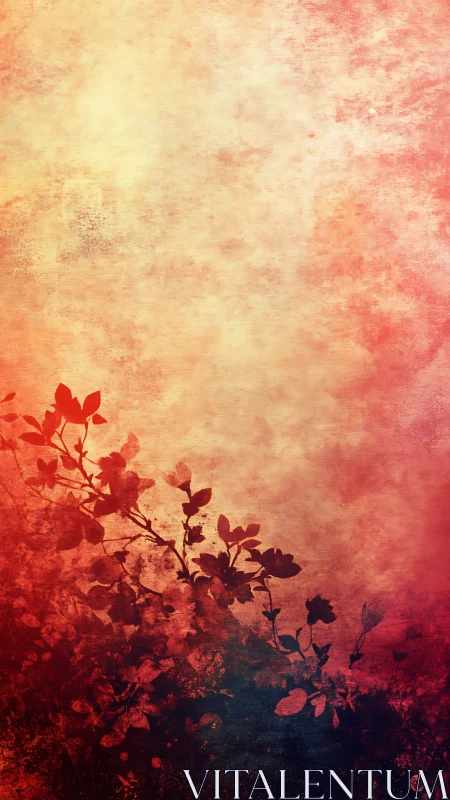 Crimson floral silhouette against textured warm gradient field.