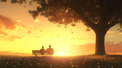 Sunset quietly stitches two silhouettes beneath one grand tree