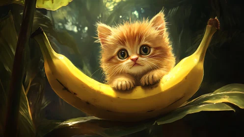Ginger Kitten Resting on Luminous Banana in Lush Jungle Setting