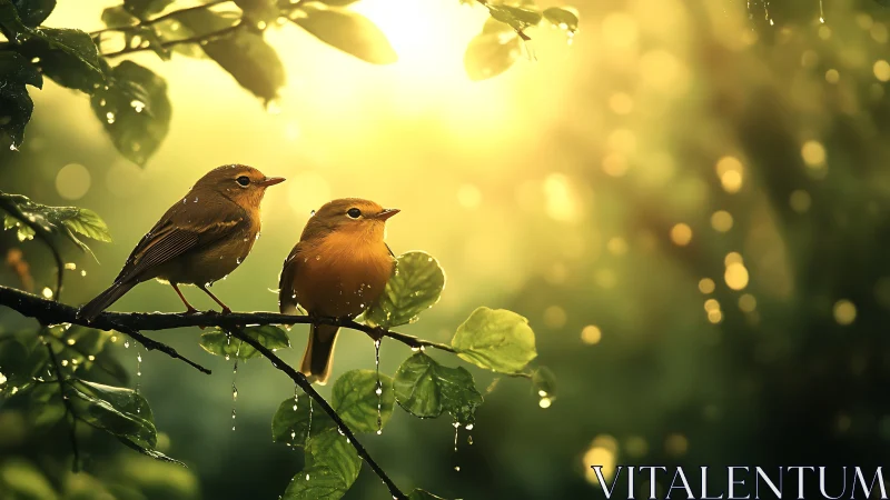 Two Songbirds on a Rainy Branch in Golden Morning Light.