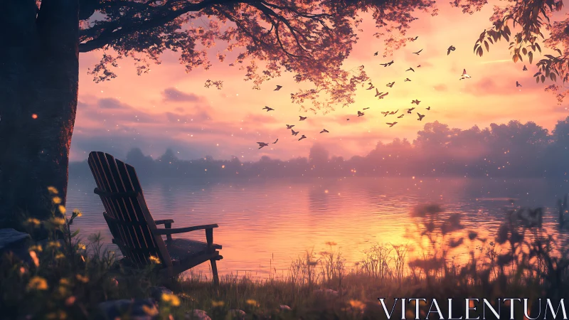 Wooden lakeside chair under tree at colorful sunset sky.