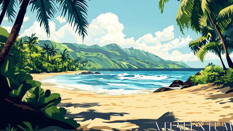 Tropical Beach Cove with Palm Fronds and Ocean Waves