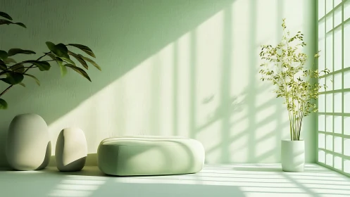 Minimalist zen interior with soft light and green plants.