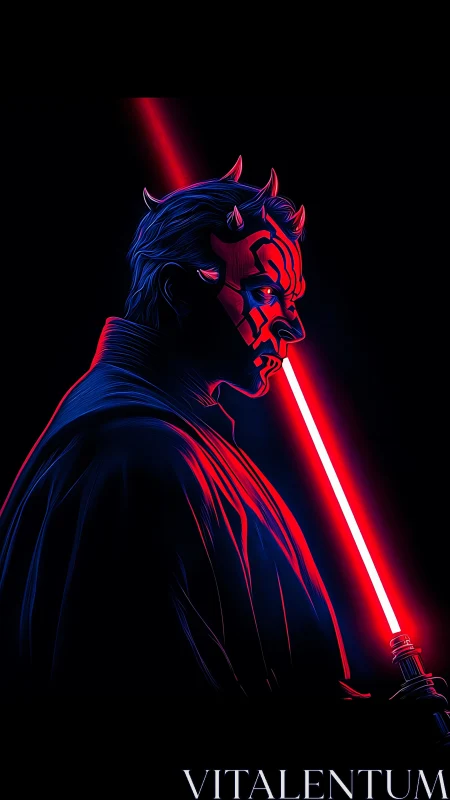 Sith warrior profile with red lightsaber in neon outline.
