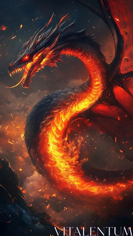 Inferno dragon coils through storm of fire and ash.