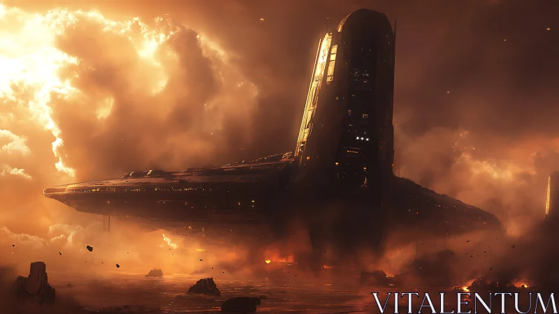 Colossal starship descends through ember-lit storm clouds.