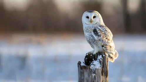 Majestic snowy owl perched on frosty stump in winter landscape.