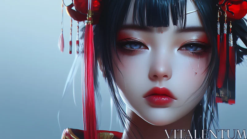 Porcelain-eyed cyber geisha in crimson hush and sorrow.
