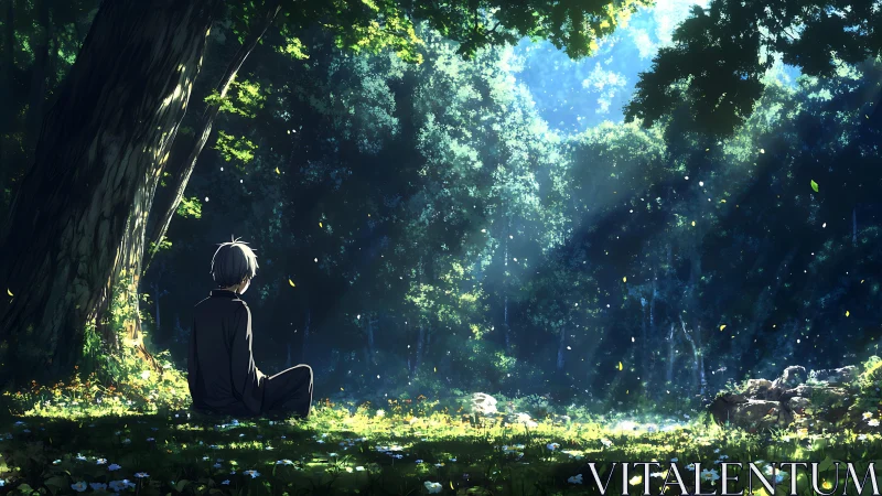 Quiet-hearted boy rests beneath sunlit forest canopy