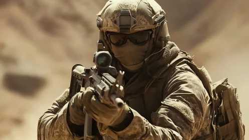 Dustborn marksman locked on target in blazing desert heat.